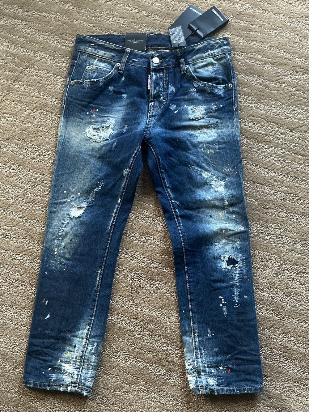 DSQUARED2 Women's Distressed Blue Cool Girl Cropped Paint-Splatter 38IT NWT